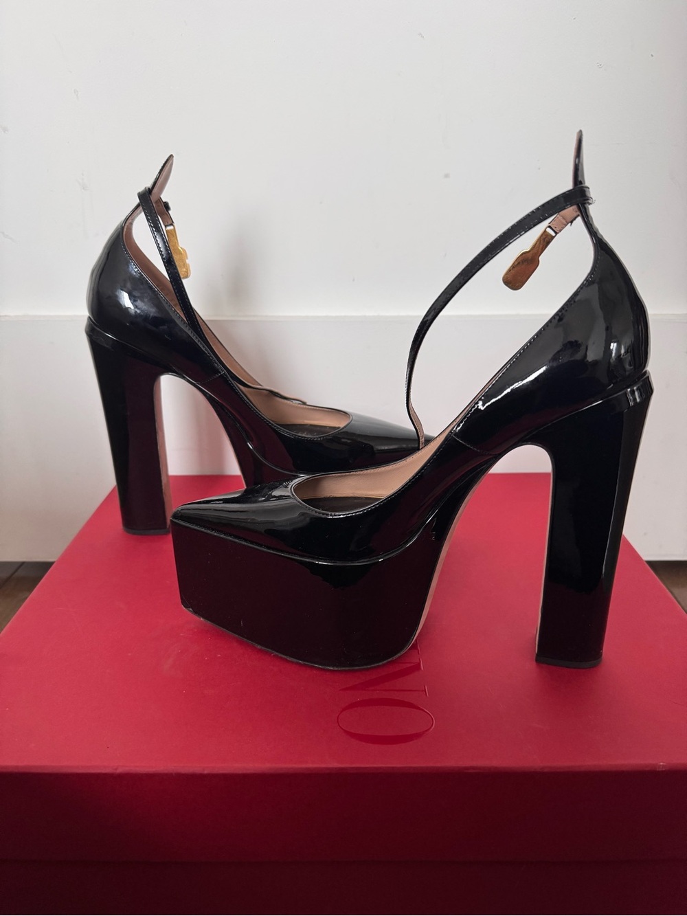 Valentino Black Patent Platform High Heel Pumps with Ankle Strap - Women
